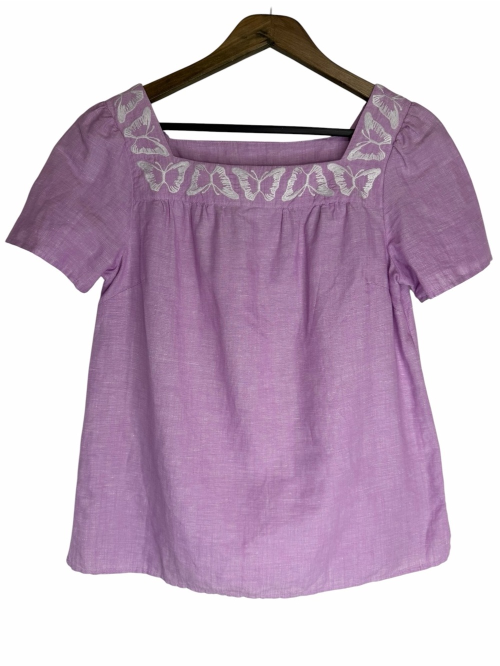 Talbots Butterfly Embroidered Linen Cotton Square Neck Top size Small Lilac